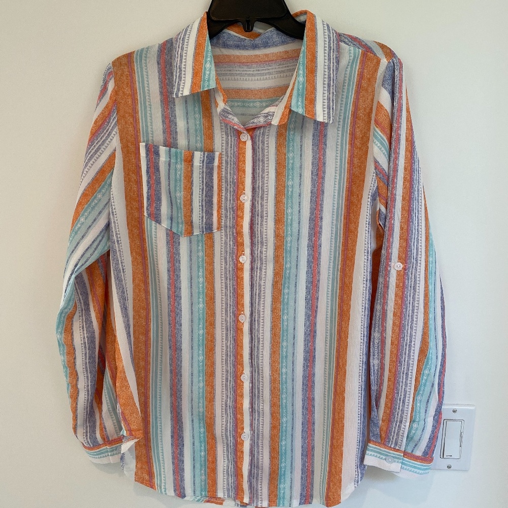 Colorful long sleeve striped women's button down shirt size L